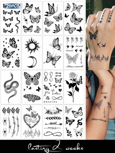 CAT QUEEN ART 20pcs Fruit Juice Temporary Tattoo Stickers, Natural Plant Ingredients, Semi-Permanent Tattoo, Minimalist Style, Multiple Designs Including Butterfly, Star, Moon, Snake, Rose, Suitable For Fingers, Ears, Shoulders, Neck, Collarbone, Ankles, Daily, Party, Holiday, Gift, Body Decoration, Lasting 1-2 Weeks, Non-Fading, Non-Reflective, Waterproof, Realistic Tattoo Stickers