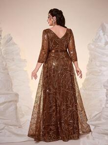 Mgiacy New Arrival Round Neck Plus Size Evening Gown Dress Sequin Contrast Lace Belt Mgiacy-Classy A-Line Dress - Brown - View 2
