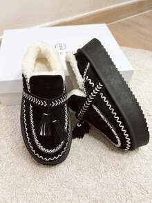 Zapatos planos de nieve para mujer, botines con pantuflas suaves y acogedoras con forro y cuello de peluche esponjoso, suela gruesa antideslizante, calzado de invierno con diseño moderno para interiores y exteriores - Negro - Ver 3