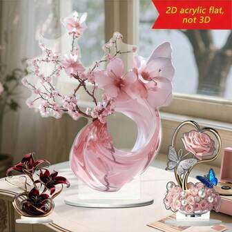 1 件优雅粉色樱花 2D 亚克力桌面装饰，玫瑰和紫色花卉樱花风格家居和办公室装饰，适合客厅、卧室、书房，是送给朋友和家人的完美礼物，办公室装饰牌匾和装饰，2D 平面