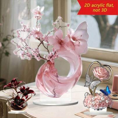 1 件优雅粉色樱花 2D 亚克力桌面装饰，玫瑰和紫色花卉樱花风格家居和办公室装饰，适合客厅、卧室、书房，是送给朋友和家人的完美礼物，办公室装饰牌匾和装饰，2D 平面