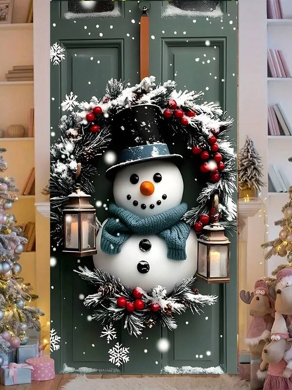 1 pieza Cubierta de puerta con diseño de muñeco de nieve y corona de Navidad, decoración de puerta de tela duradera con estilo navideño festivo que incluye linternas vívidas, bayas rojas y detalles de copos de nieve, creando una atmósfera navideña como decoración colgante para la puerta de entrada en fiestas de Navidad y exhibición de puerta delantera invernal