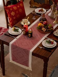 1 pieza Camino de mesa navideño rojo con diseño geométrico jacquard, decoración navideña de granja vintage con flecos, adecuado para Navidad, reuniones familiares, fiestas de hotel, cenas de boda, decoración de mesa de comedor, decoración del hogar, decoración del ambiente navideño, Feliz Navidad - Rojo - Ver 6
