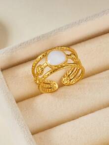 COINBUFF 1pc Elegant Oval Geometric Pattern Stainless Steel Open Ring, Suitable For Women's Daily Wear