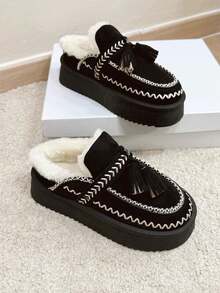 Zapatos planos de nieve para mujer, botines con pantuflas suaves y acogedoras con forro y cuello de peluche esponjoso, suela gruesa antideslizante, calzado de invierno con diseño moderno para interiores y exteriores - Negro - Ver 6