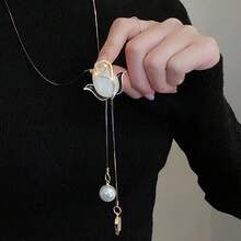 Elegant Vintage Style Tulip Flower Pendant Necklace With Ribbon Embellishment, Perfect For Casual Outfits And Mother's Day Gift, Flower Necklace W44I - 彩色 - 查看 4