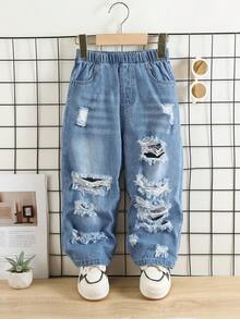 1条装年轻男孩休闲破洞风格简约牛仔裤，秋冬新品 - 中等水洗藍 - 查看 1