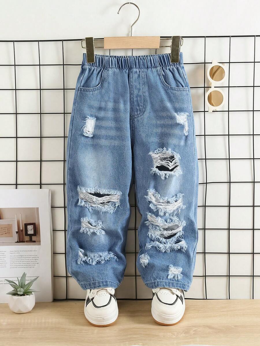 1条装年轻男孩休闲破洞风格简约牛仔裤，秋冬新品 - 中等水洗藍 - 查看 1