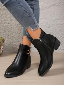 女士时尚舒适尖头/粗跟/拉链踝靴，新款秋冬中跟靴