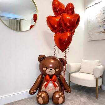 奶油白泰迪熊铝箔气球套装，配金色领结，搭配香槟色、肤色、沙白色乳胶气球，可爱坐姿设计，适用于生日、周年纪念、婚礼、情人节、新年、圣诞节装饰、婚礼仪式、节日庆典，可重复使用，轻便易携，活动用品。