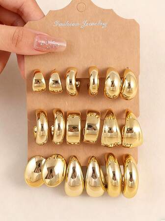 6-18pcs Fashionable Vintage New Geometric Multi-Element Gold Earring Set, Lightweight CCB Material, Suitable For Daily Wear