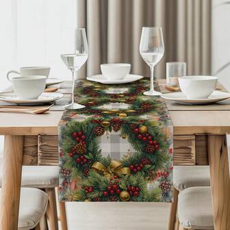 1/4/10 piezas Juego de camino de mesa y manteles individuales con corona de Navidad a cuadros y bayas rojas, decoración de mesa navideña de tela, decoración del hogar, regalo, adecuado para celebraciones interiores y exteriores, suministros para fiestas de temporada, decoración de mesa de cocina y comedor, decoración de mesa de restaurante, mantel