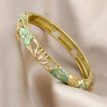 Brazalete con bisagra de tono dorado decorado con esmalte de hoja de loto y vaina de loto de colores vintage, regalo creativo para el Día de la Madre o cumpleaños - Joyería de mujer de moda en rosa, verde, azul (debido al esmalte, el color puede variar bajo diferentes iluminaciones)