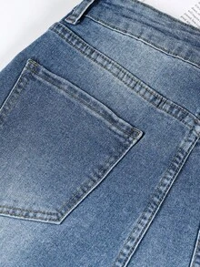 Jeans casuales de mezclilla de pierna ancha para mujer, largo largo en azul claro con cintura escalonada, material altamente elástico para un ajuste perfecto. - Azul - Ver 3