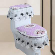 Universal Fit Toilet Seat Cover Set With Lace Edge Decorative Toilet Seat Protector Toilet Lid Cover Warmer - Màu tím hoa cà - Xem 1