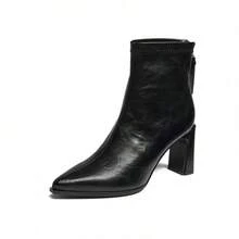 2025 New Autumn/Winter Women's High Heel Short Boots, Pointed Toe Chunky Heel Elastic Slim Fit Boots With Fur Lining - Black - View 5