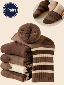 5 Pairs Kids Wool Blend Socks, Thermal Lined, Thick, Suitable For Halloween, Christmas, Daily Wear In Autumn/Winter, Striped & Letter Design, Maillard Color, Comfortable, Versatile, Warm, Fashion Accessory For Boys & Girls To Keep Feet Cozy - Multicolor - View 2