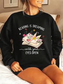 Women's  Round Neck Sweatshirt - "Reading Is Dreaming With Your Eyes Closed" Floral Book Design, Soft Casual Pullover For Spring/Fall, Machine Washable, Book Sweater - Black - View 4
