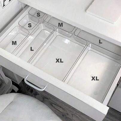 8 件套办公桌抽屉整理器套装，经典风格，塑料材质，办公文具，记号笔和彩色铅笔整理，透明梳妆台化妆品桌面收纳盒，带分隔板。