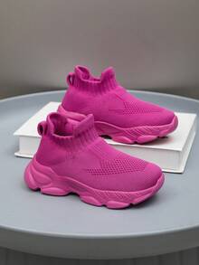 1 par de zapatillas para niños, transpirables, elásticas, suaves, con amortiguación de impactos, de secado rápido y ligeras, combinación y tejido de punto, estilo casual de calle adecuado para correr, caminar, ir a la escuela, unisex