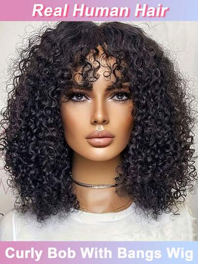 Kort Lockig Bob Peruk Med Lugg Äkta Hår För Kvinnor 12 Tum Kort Vattenvågig Lockig Bob Peruk Wear And Go Utan Spets Limfri Peruk 200 % Densitet Naturlig Svart