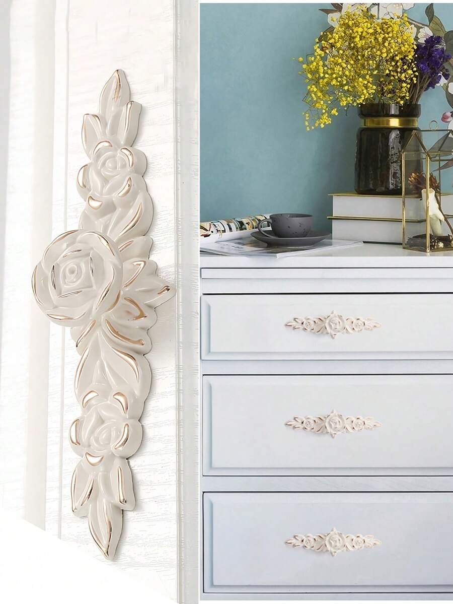 2pcs Ivory White Cabinet Handles, European Style Lacquered Cabinet Door Knobs, Modern Furniture Large & Small Pull Handles, Rose Flower Single Hole Cabinet Door Handles, Drawer Pulls, Ivory White, Rose Gold, Modern Minimalist European Style
