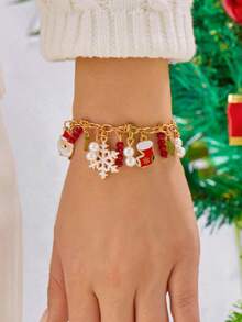 1 Stück modischer & weihnachtlicher Armschmuck mit Schneeflocke, Weihnachtsmann, Rentier, Perle & Kristall Dekor als Weihnachtsgeschenk für Frauen