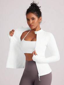 Chaqueta deportiva ajustada para mujer de con agujeros para el pulgar y cuello alto - Blanco - Ver 3