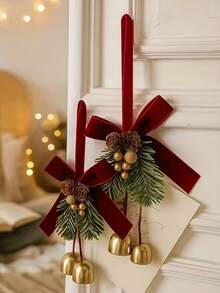 1Pc Bow, Pine Branch, Pinecone And Golden Bell Pendant, Retro And Warm Door And Wall Decoration Pendant, Firm And Not Easy To Loosen, Suitable For Home Decoration, Room Decor, Bedroom And Living Room Door And Wall Decoration, Indoor And Outdoor Decor, Door Hanging Decoration, Friends' Gifts, Party Decor