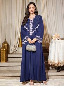 Elegant V-Neck Rhinestone Embellished Loose Long Robe Dress, Long Sleeve - Navy Blue - View 5