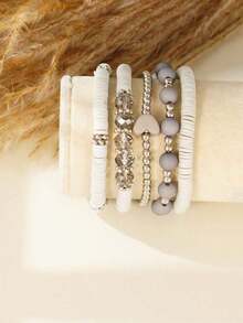 5pcs/Set Elegant Gray Soft Ceramic Heart Bead Multi-Layer Bracelet Set, Artificial Crystal Elastic Bracelet, Suitable For Ladies Daily Wear, Dating, Party, Mother's Day, Friendship Bracelet - Multicolor 2 - View 3