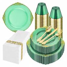 Clear Green Plastic Plates Disposable - 350pc Party Set For 50 Guests - As Picture/X - View 1