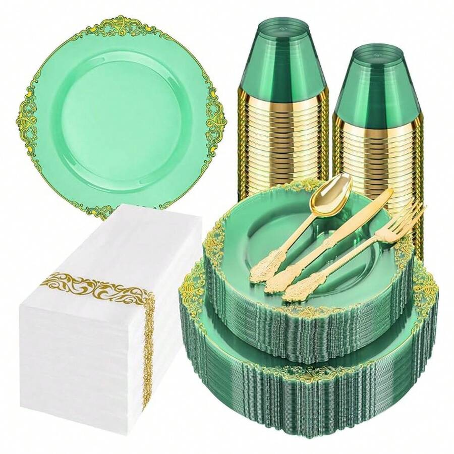 Clear Green Plastic Plates Disposable - 350pc Party Set For 50 Guests - As Picture/X - View 1