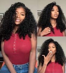 Glueless Human Hair Wigs, Kinky Curly Headband Wig, Upgrade 3-In-1 Half Wig With Drawstring, Seamless Clip-Ins, Flip-Over For Women - Natural Black - Xem 2
