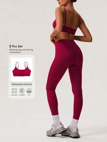 Sodalemon Women's Solid Color Thick Sports Bra & Yoga Leggings 2 Pieces Set, Minimalist Design For Fitness Training - Red - View 2
