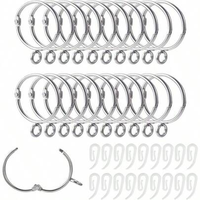 Curtain Rings And Hooks, 20pcs 32mm Internal Diameter Silver Curtain Ring Metal & With Curtain Hooks, Loose Leaf Ring - Easy To Open/Close, Rail For Hanging Rings Curtains And Pole Rail (Silver)