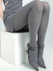 1pc Women's Knitted Cable Textured Thigh High Spiral Pattern Tights, Thick Autumn/Winter Leggings, Suitable For Pairing With Various Outfits