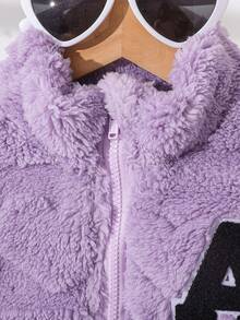 Toddler Girls Half-Zip Stand Collar Fleece Jacket, Heart Embossed Texture Letter A Applique Pullover, Comfortable Long Sleeve Casual Winter Set - Purple - View 3