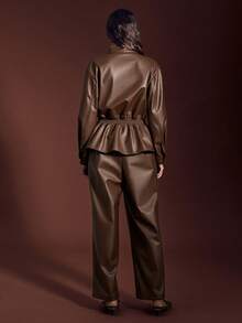 Sollinarry 女士春季新款仿皮夹克套装（含口袋和高领）及裤子两件套，时尚通勤冬季穿搭 - 咖色 - 查看 8