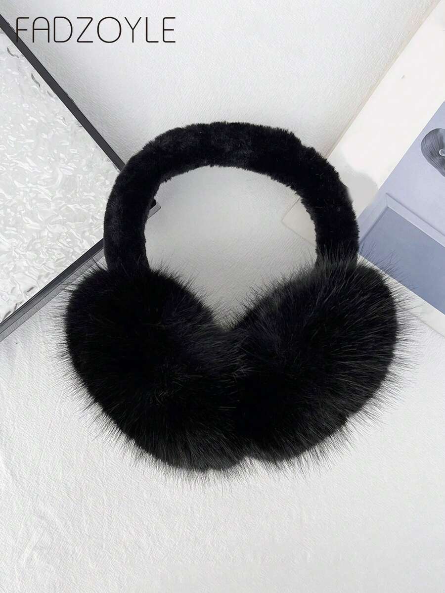 FADZOYLE 1pc Black Winter Earmuffs Foldable Fluffy Fleece Ear Warmers Women Cute Ear Covers Adjustable Headband With Fuzzy Thermal Lined Furry Winter Earmuffs White Ear Muffs