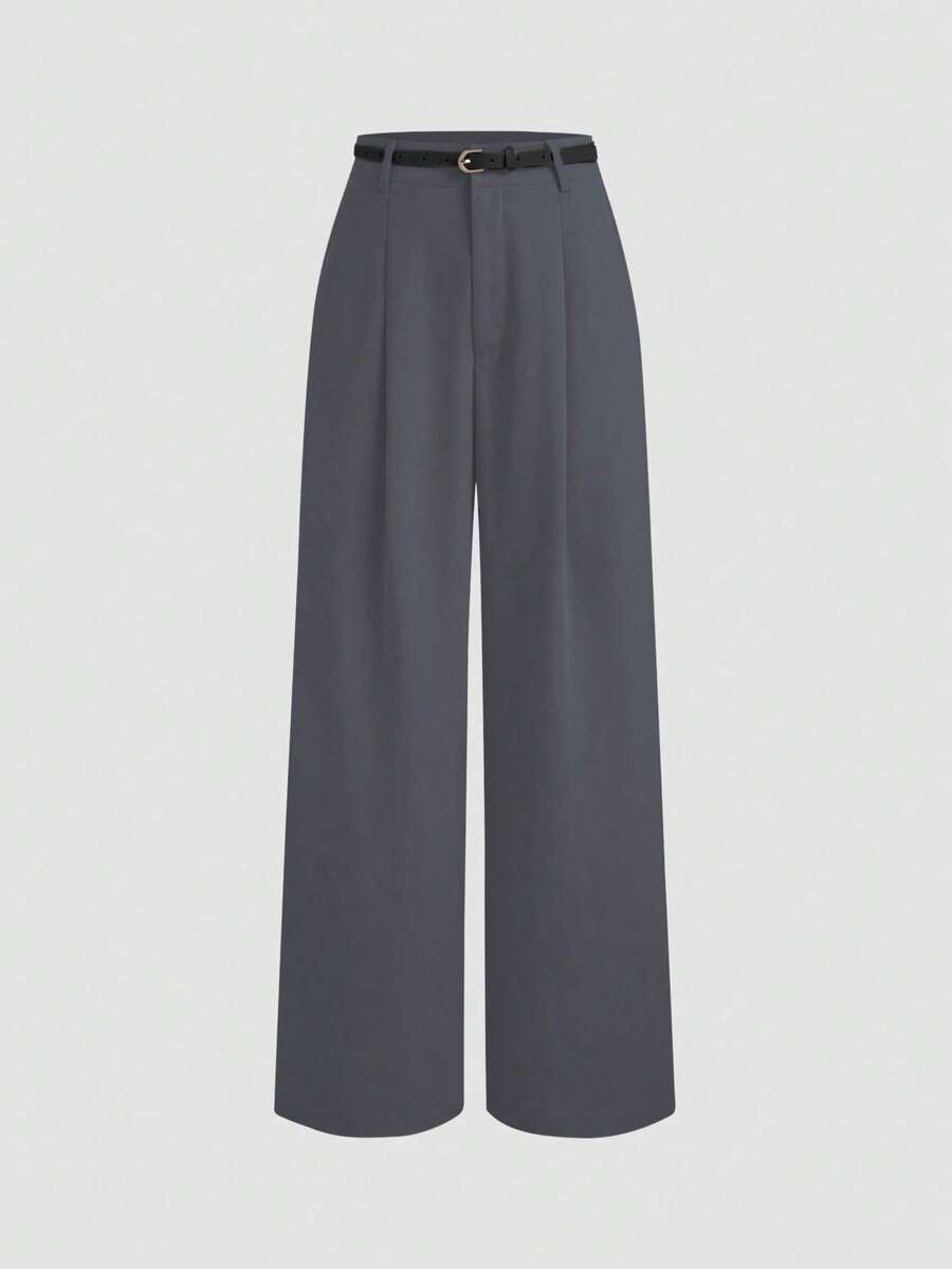Straight Leg Casual Pants, Wide Leg Trousers - Grey - View 1