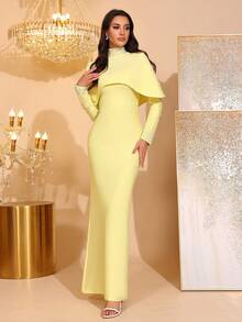 黑色新款奢华珍珠串珠露肩优雅立领长袖绷带长裙，女士正式场合礼服，开斋节 - 黃色 - 查看 4