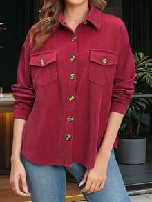 Women Corduroy Shirt Jacket Casual Solid Long Sleeve Button-Up Fall Coat With Pockets - Red - View 1