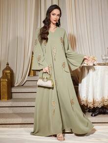 女士V领长袖串珠优雅宽松睡袍 - 綠色 - 查看 3