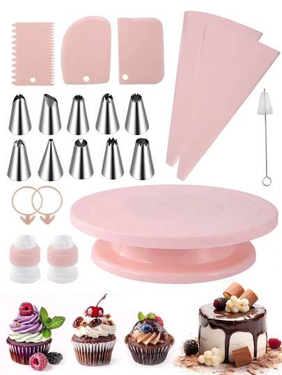 Conjunto de 1/21 peças de plataforma giratória para bolo, bico decorativo de aço inoxidável, conjunto de ferramentas decorativas para bolo, 10 bicos de confeitar