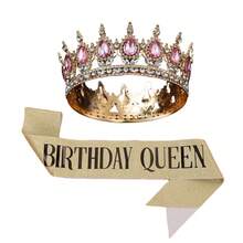 2 pièces/set Ensemble de couronne de strass en forme de larme pour anniversaire, couronne dorée reine d'anniversaire avec bretelle, accessoires pour cheveux joyeux anniversaire pour femmes, décorations de fête