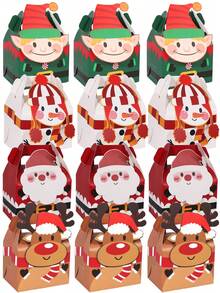 12 PIEZAS/1 PIEZA Cajas de cartón con asas para dulces navideños con estampado 3D vibrante para regalos de fiesta, dulces, chocolates y obsequios (Estilo de cabeza grande) - Combinación navideña A - Ver 12