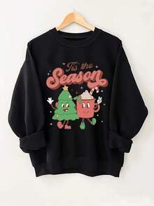 SeaDan Women's  Christmas Graphic Sweatshirt - Vibrant Pink Holiday Pullover With "Tis The Season" Print, Cartoon Tree & Hot Cocoa Design, Cozy Round Neck Casual Winter Top, Christmas Sweatshirt, Festive Clothing, Machine Washable Clothing - 黑色 - 查看 1