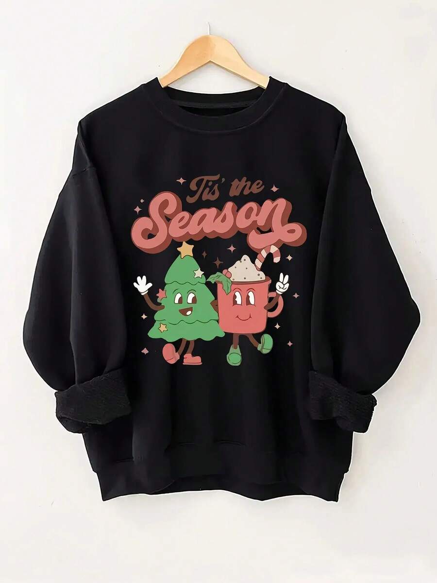 SeaDan Women's Christmas Graphic Sweatshirt - Vibrant Pink Holiday Pullover With "Tis The Season" Print, Cartoon Tree & Hot Cocoa Design, Cozy Round Neck Casual Winter Top, Christmas Sweatshirt, Festive Clothing, Machine Washable Clothing - 黑色 - 查看 1