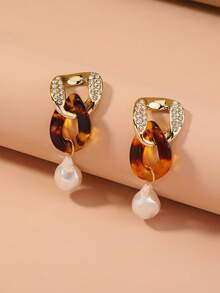 1 par de aretes con estampado de leopardo, aretes colgantes con cadena de rhinestone y perla